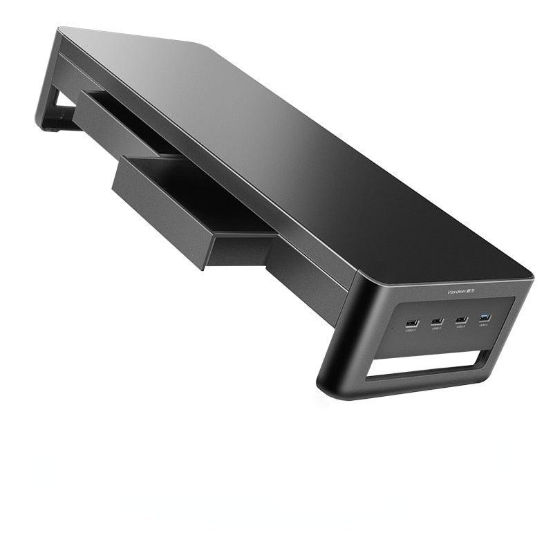 Monitor Stand Riser USB3.0 Hub Support Data Transfer and Wireless Charging with Drawer Storage Box Desk Organizer for Laptop PC