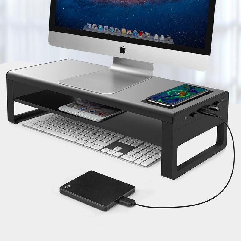 Vaydeer 2 Tiers Aluminum Monitor Stand with Wireless Charging and 4 Ports USB 3.0 Hubs Support Data Transfer